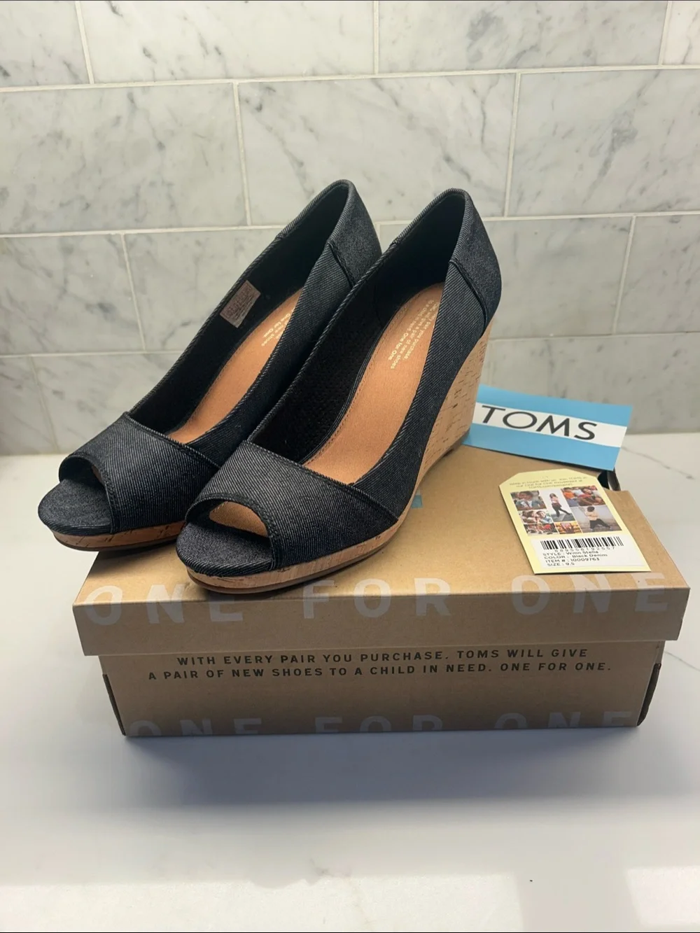 TOMS Black Denim Peep-Toe Cork Wedge